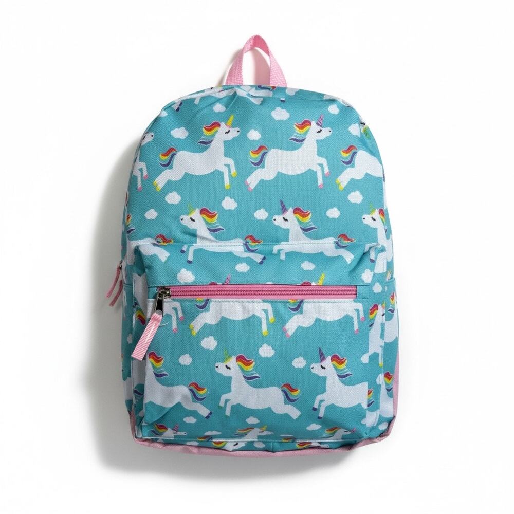Kids Unicorn Backpack Pink Teal Rainbow Print Adjustable Straps NEW